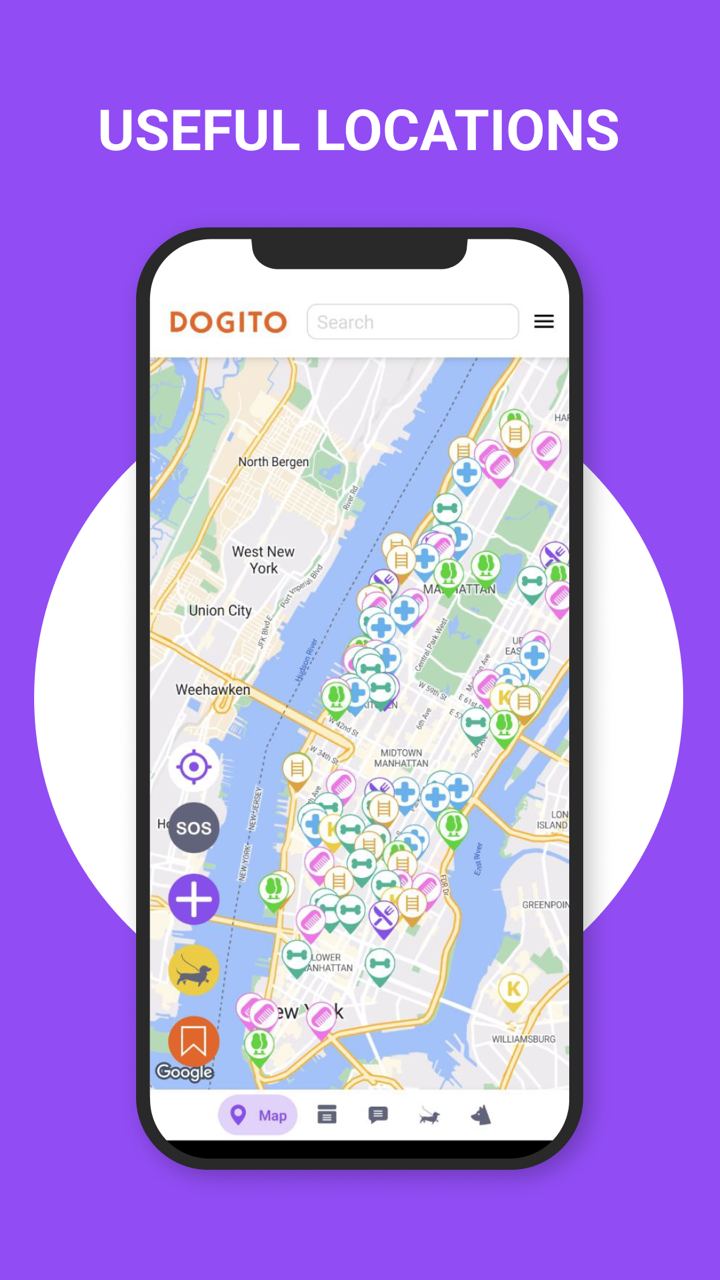 Интерфейс приложения DOGITO, показан экран с картой дог-френдли мест