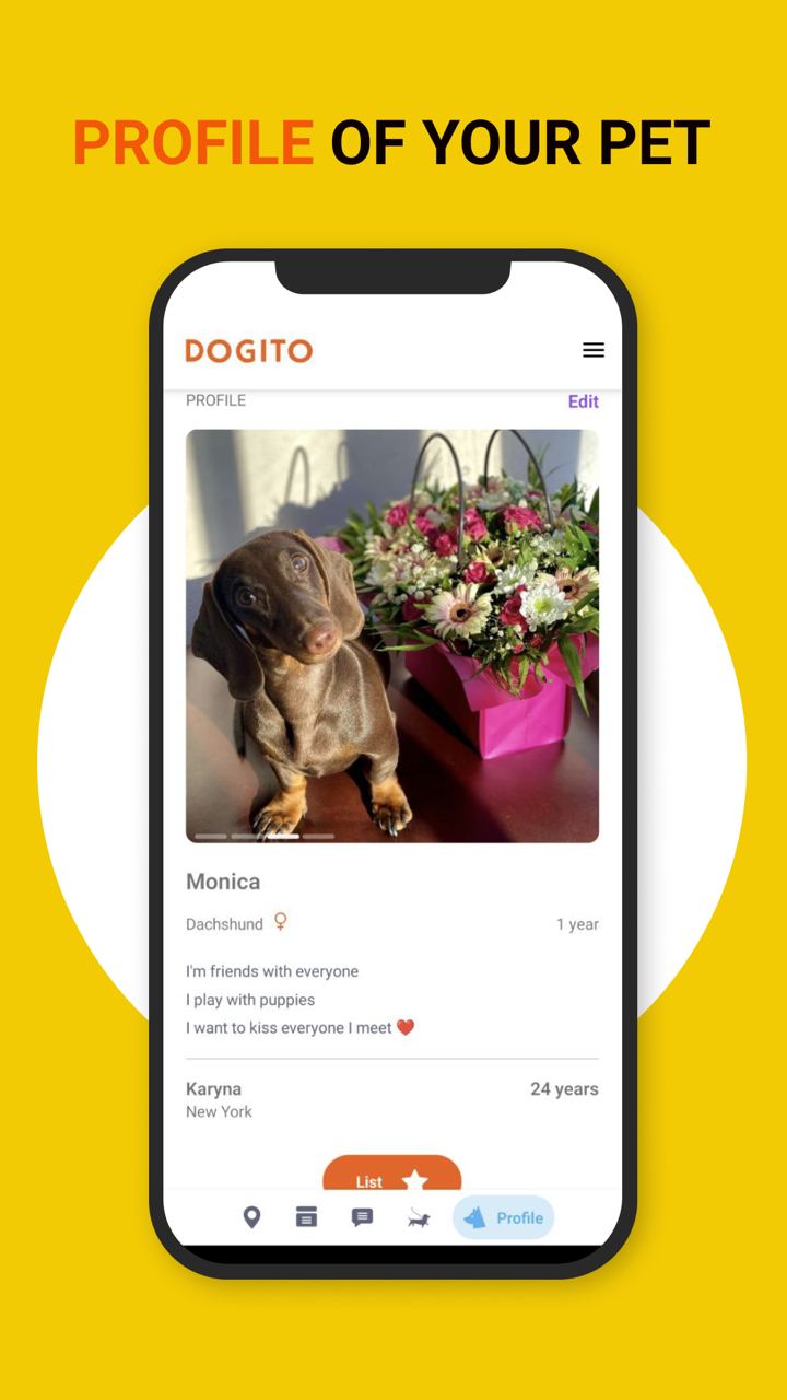 Интерфейс приложения DOGITO, показан экран с профилем собаки